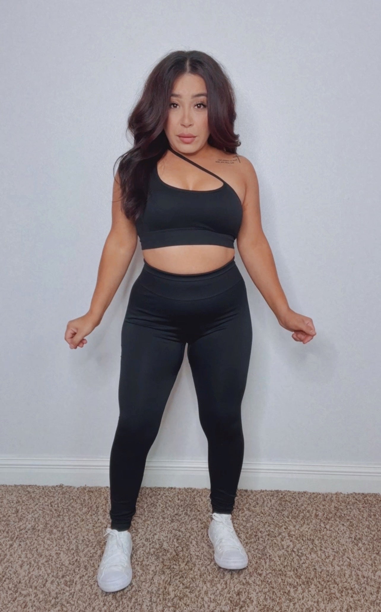 Crossover One Shoulder Active Leggings (Black)