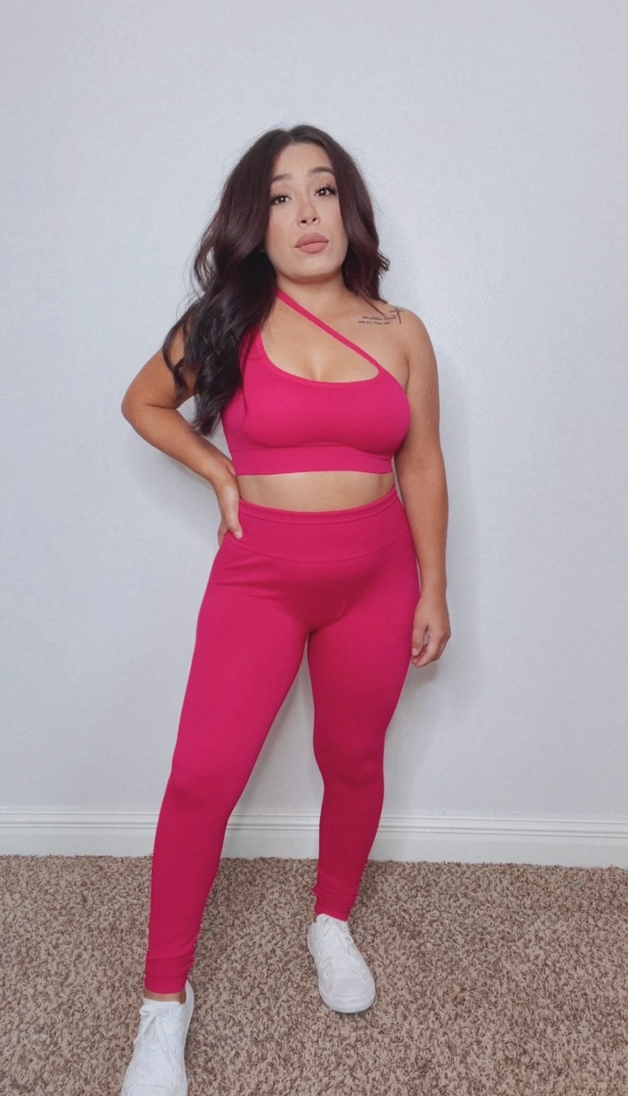 Crossover One Shoulder Active Leggings (Pink)